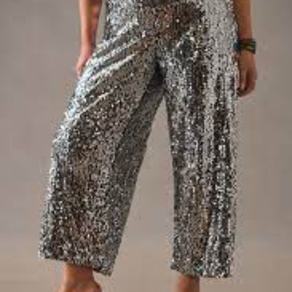 NWT Maeve by Anthropologie Colette Sequin Wide-Leg Pants – Silver (Plus 20W) - Picture 2 of 4
